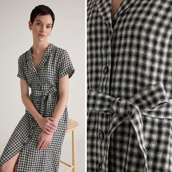 QUINCE 100% European Linen Button Front Dress Khaki Black Gingham L - Picture 2 of 13